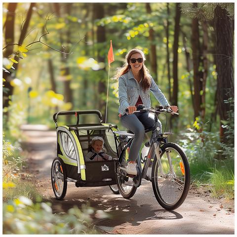 Rimorchio Bici Per Bambini Passeggino, Design 2 In 1 Con Freno, Cintura A 5 Punti E Tasche Laterali, Riflettori, 116-142lx75px101acm, Giallo - Foto 2