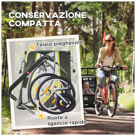 Rimorchio Bici Per Bambini Passeggino, Design 2 In 1 Con Freno, Cintura A 5 Punti E Tasche Laterali, Riflettori, 116-142lx75px101acm, Giallo - Foto 6