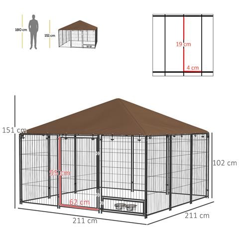 Recinto Per Cani In Metallo E Tessuto Oxford Con Porticina Per Ciotole, 211x211x151 Cm, Nero E Marrone - Foto 2