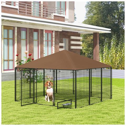 Recinto Per Cani In Metallo E Tessuto Oxford Con Porticina Per Ciotole, 211x211x151 Cm, Nero E Marrone - Foto 6