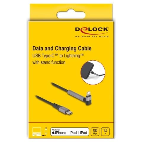 Cavo dati e ricarica da USB Type-C a Lightning per iPhone, iPad, iPod angolato con funzione stand nero 1,5 m MFi - Foto 3