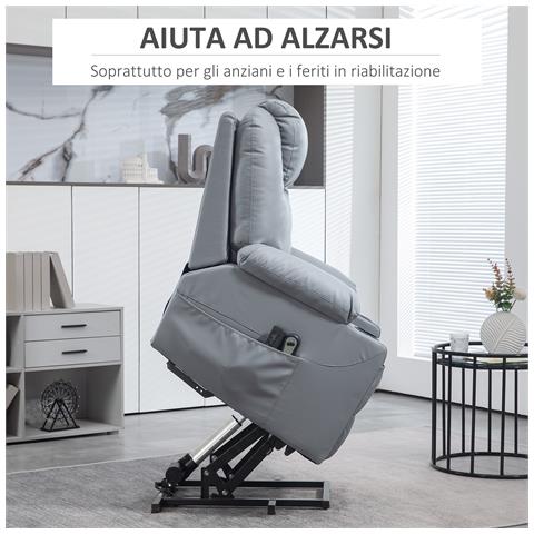 Poltrona Alzapersona Reclinabile fino a 135° con 8 Punti Massaggio, Telecomando e Poggiapiedi, 88x99x106 cm, Grigio - Foto 2