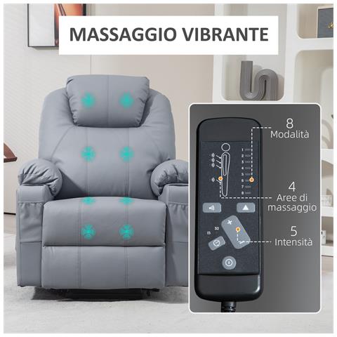 Poltrona Alzapersona Reclinabile fino a 135° con 8 Punti Massaggio, Telecomando e Poggiapiedi, 88x99x106 cm, Grigio - Foto 6