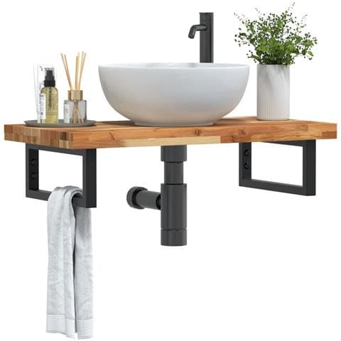 Ripiano A Parete Per Lavabo In Acciaio E Massello Di Acacia - Foto 8