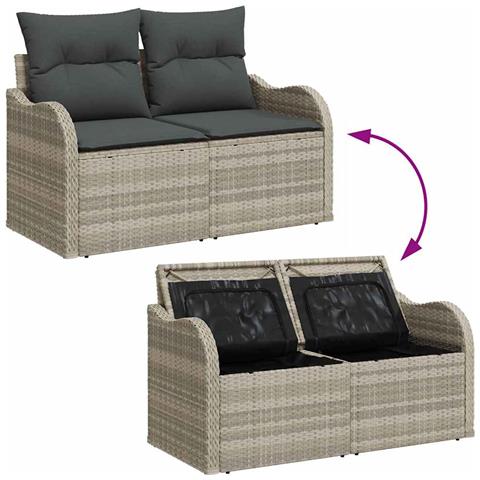 Set di divani da giardino 4 pezzi con cuscini grigio chiaro in rattan sintetico, Divano da giardino a 2 posti con spazio di stoccaggio e cuscini grigio chiaro in rattan sintetico - Foto 9