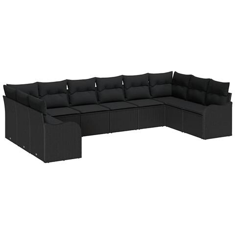 Set di Divani da Giardino composto da 10 Pezzi con Cuscini Nero in Polyrattan, Divano da Giardino a 2 Posti con Cuscini Nero in Polyrattan - Foto 1