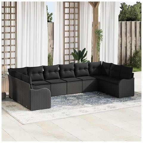 Set di Divani da Giardino composto da 10 Pezzi con Cuscini Nero in Polyrattan, Divano da Giardino a 2 Posti con Cuscini Nero in Polyrattan - Foto 2