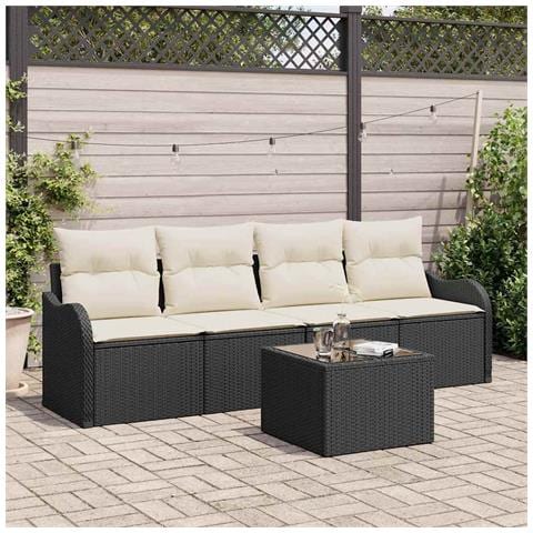 Set Divani Giardino 5 Pezzi con Cuscini Nero Rattan Sintetico, Divano Giardino 2 Posti con Ripostiglio e Cuscini Nero Rattan Sintetico - Foto 2