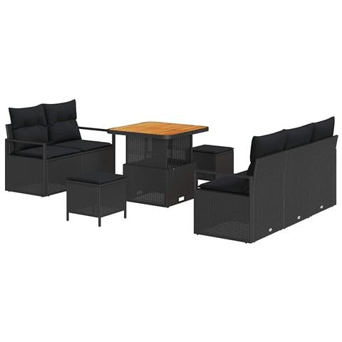 Set Divano da Giardino 8 Pezzi con Cuscini Nero Polyrattan Acacia, Divano da Giardino 2 Posti con Cuscini Nero Polyrattan, Set da Pranzo da Giardino 3 Pezzi con Cuscini Nero Polyrattan Acacia - Foto 1