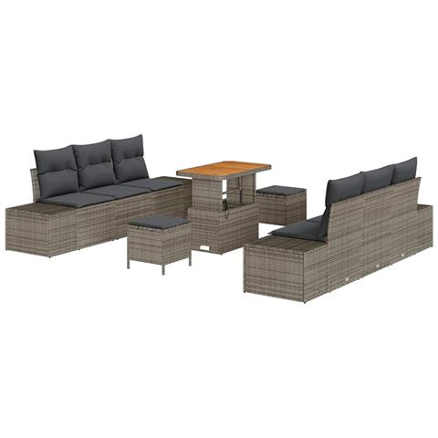 Set Divano Giardino 9 Pezzi con Cuscini Rattan Grigio, Divano Giardino 2 Posti con Cuscini Rattan Grigio, Set da Pranzo Giardino 3 Pezzi con Cuscini Rattan Grigio - Foto 1