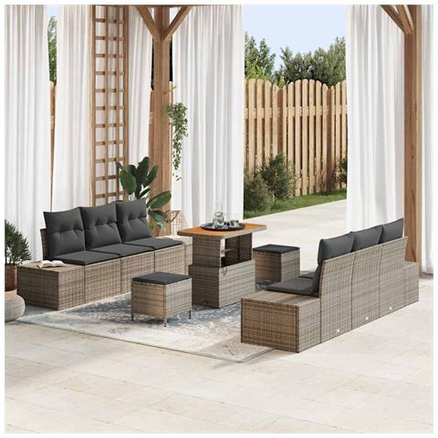 Set Divano Giardino 9 Pezzi con Cuscini Rattan Grigio, Divano Giardino 2 Posti con Cuscini Rattan Grigio, Set da Pranzo Giardino 3 Pezzi con Cuscini Rattan Grigio - Foto 2