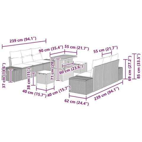 Set Divano Giardino 9 Pezzi con Cuscini Rattan Grigio, Divano Giardino 2 Posti con Cuscini Rattan Grigio, Set da Pranzo Giardino 3 Pezzi con Cuscini Rattan Grigio - Foto 9