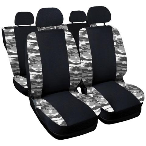 Coprisedili Per Auto Universali, Made In Italy, Set Fodere Protezione Sedili Anteriori E Posteriori, Schienale Dietro Con 2 Zip, Copertura Adattabile Colore - Nero \mimetico Chiaro - Foto 1