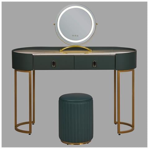 Tavolino Da Toeletta Con 2 Cassetti E Specchio Led Verde Scuro E Oro Vinax - Foto 2