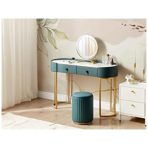 Tavolino Da Toeletta Con 2 Cassetti E Specchio Led Verde Scuro E Oro Vinax - Foto 1