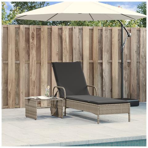 Lettino Prendisole Con Ruote E Cuscino Polyrattan Grigio Chiaro - Foto 3