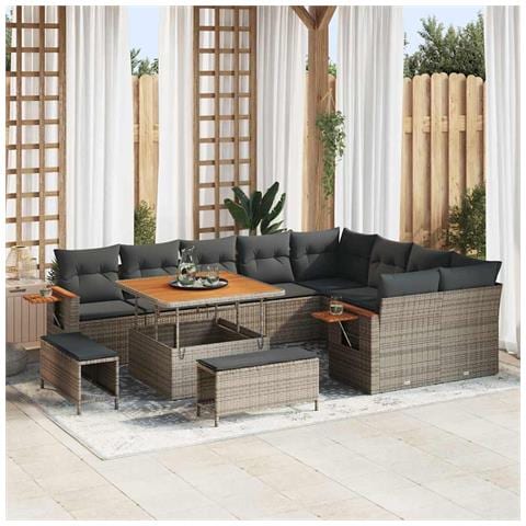 Set di Divani da Giardino composto da 12 Pezzi con Cuscini Grigio Polyrattan Acacia, Set di Pranzo da Giardino composto da 3 Pezzi con Cuscini Grigio Polyrattan Acacia - Foto 2