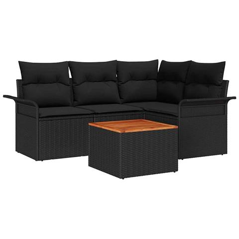 Set divani giardino 5 pezzi con cuscini polyrattan nero e acacia - Foto 1