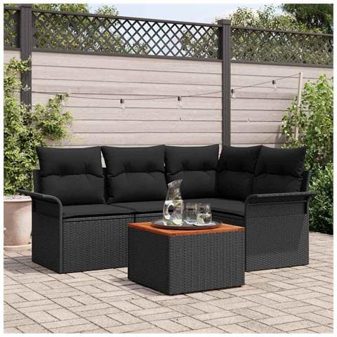 Set divani giardino 5 pezzi con cuscini polyrattan nero e acacia - Foto 2
