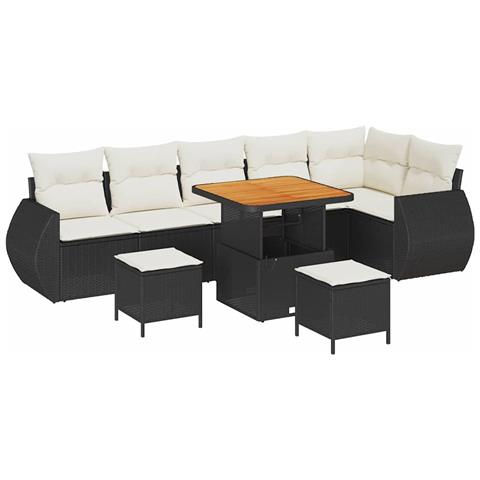 Set Divano Giardino 9 Pezzi con Cuscini Rattan Nero Acacia, Set Giardino 3 Pezzi con Cuscini Rattan Nero Acacia - Foto 1