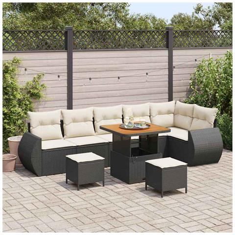 Set Divano Giardino 9 Pezzi con Cuscini Rattan Nero Acacia, Set Giardino 3 Pezzi con Cuscini Rattan Nero Acacia - Foto 2