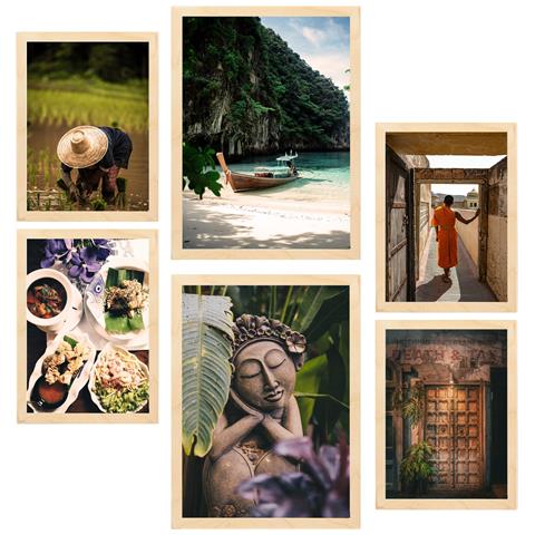 Set Di 6 Stampe Dipinto Decorativo Autunno Nelle Risaie Della Thailandia Buddismo E Cultura Incorniciato Con Illustrazioni A3 & A4 Telaio In Legno Chiaro - Foto 1