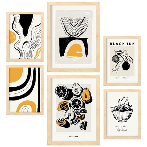 Set Di 6 Stampe Artistiche E Astratte Di Frutta Con Inchiostro Nero Per L'interior Design A3 & A4 Telaio In Legno Chiaro - Foto 1
