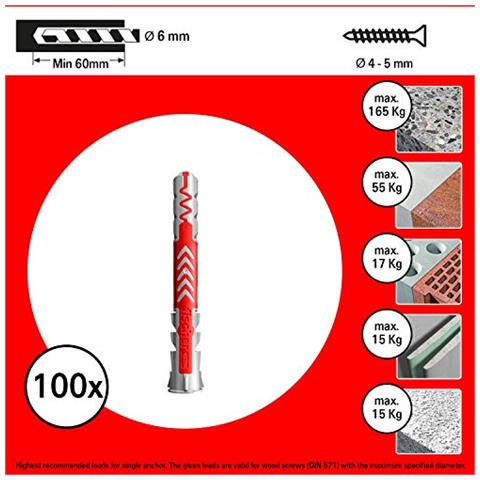 538240 100 Tasselli Lunghi Duopower 6 x 50 mm Universali perché Il Fissaggio di mensole, pensili, Staffe Porta TV su muro all'e cartongesso, Grigio / Rosso, 6 x 50 - Foto 2