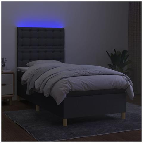 Letto a Molle Materasso e LED Grigio Scuro 90x190 cm in Tessuto - Foto 1