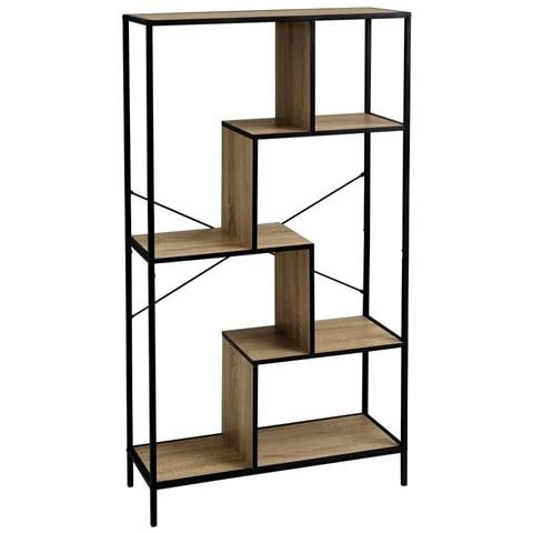 Libreria Design Industriale, 5 Ripiani Asimmetrici In Legno Laminato Da 15 Mm, Struttura In Metallo Nero Laccato A Polvere, Scaffale Moderno - Foto 1