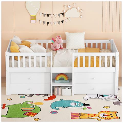 Letto A Mezza Altezza, 90*200cm, 4 Cassetti, Ringhiera, Scala, Legno Di Pino, Senza Materasso, Bianco - Foto 2