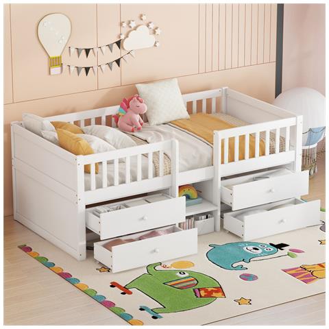 Letto A Mezza Altezza, 90*200cm, 4 Cassetti, Ringhiera, Scala, Legno Di Pino, Senza Materasso, Bianco - Foto 1