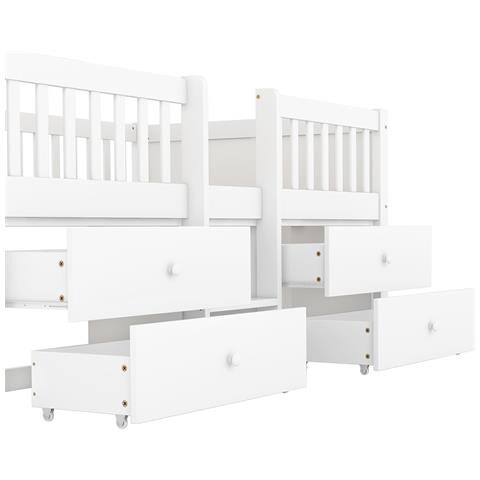 Letto A Mezza Altezza, 90*200cm, 4 Cassetti, Ringhiera, Scala, Legno Di Pino, Senza Materasso, Bianco - Foto 4