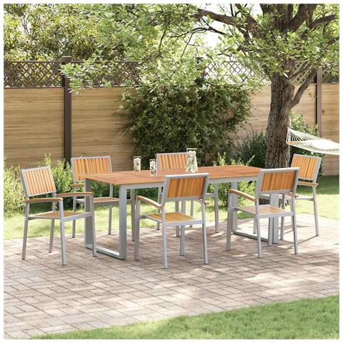 Set da pranzo da giardino 7 pezzi Grigio Acciaio e Legno Massello di Acacia - Foto 2