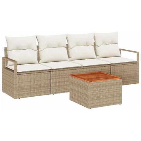 Set di divani da giardino composto da 5 pezzi con cuscini beige in polyrattan acacia, Divano da giardino a 2 posti con cuscini beige in polyrattan - Foto 1