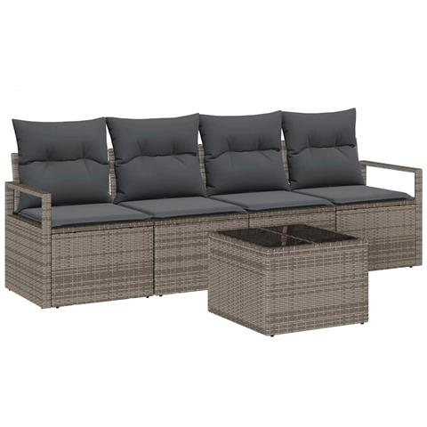 Set Divani Giardino 5 Pezzi Cuscini Grigio Polyrattan, Divano Giardino 2 Posti Cuscini Grigio Polyrattan - Foto 1