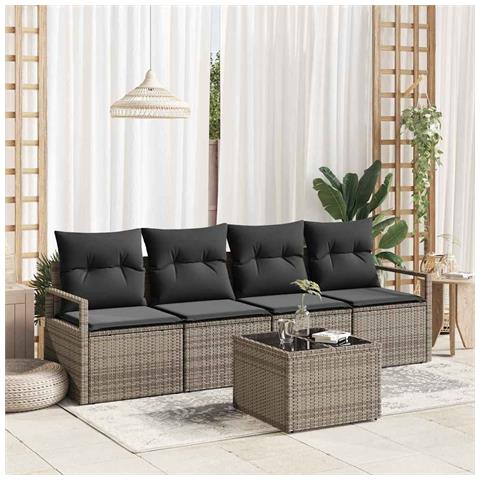 Set Divani Giardino 5 Pezzi Cuscini Grigio Polyrattan, Divano Giardino 2 Posti Cuscini Grigio Polyrattan - Foto 2