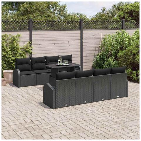 Set Divano Giardino 9 Pezzi con Cuscini Rattan Nero Polietilene - Foto 2
