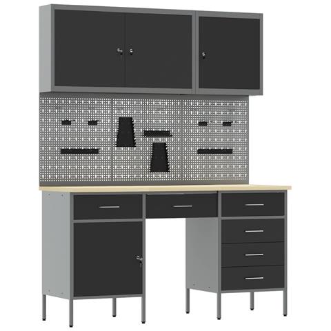 Set da lavoro con armadio e pegboard 8 pezzi nero in MDF e metallo - Foto 1