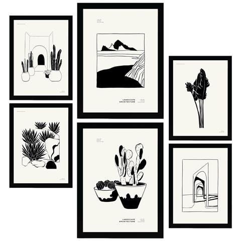 Set Di 6 Stampe Cactus In Vaso Con Inchiostro Nero, Stampe Artistiche E Astratte Per L'interior Design A3 & A4 Cornice Nera - Foto 1