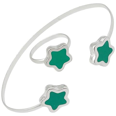 Set Bracciale E Anello In Argento 10µ Verde Con Fiori Di Colore - Foto 1