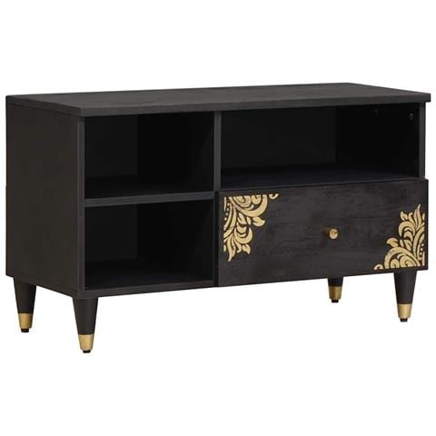 Mobile TV Nero 80 x 33 x 46 cm Legno di mango massello - Foto 1