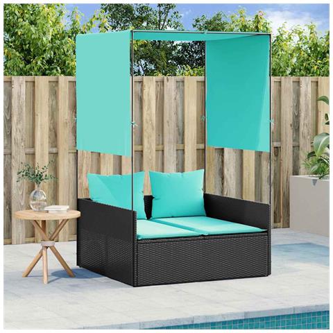 Lettino prendisole doppio con tettoia e tende in Polyrattan Nero - Foto 2