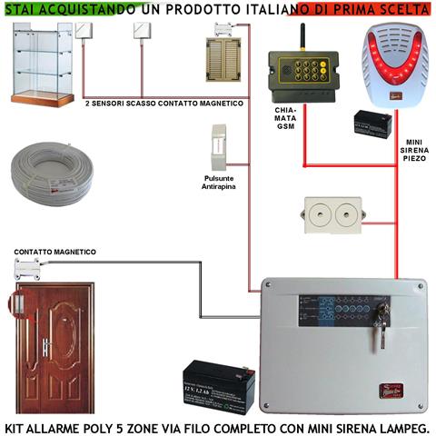 Antifurto Poly Kit Impianto Centrale A 5 Zone 2 Sensori Di Scasso 2 Contatti Magnetici Sirena Interna Ed Esterna Autoa - Foto 1