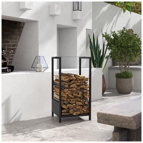 Scaffale Portalegna Da Esterno E Interno In Acciaio Con Base Rialzata, 39x35x76cm, Nero - Foto 2