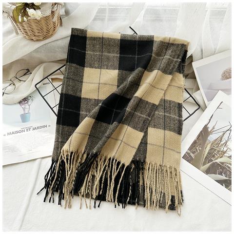 Sciarpa Tipo Cashmere Con Motivo A Quadri E Frange Intrecciate Brown - Foto 2