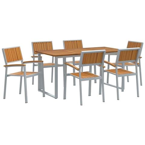 Set da pranzo da giardino 7 pezzi Grigio in acciaio e legno massello di acacia - Foto 1
