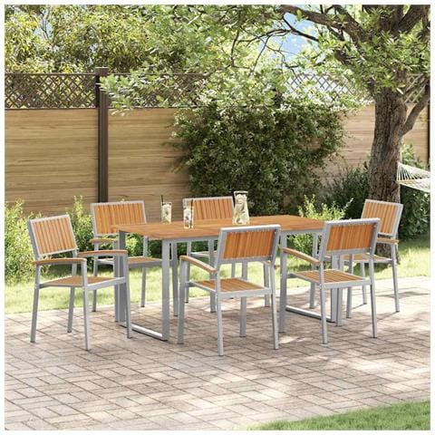 Set da pranzo da giardino 7 pezzi Grigio in acciaio e legno massello di acacia - Foto 2
