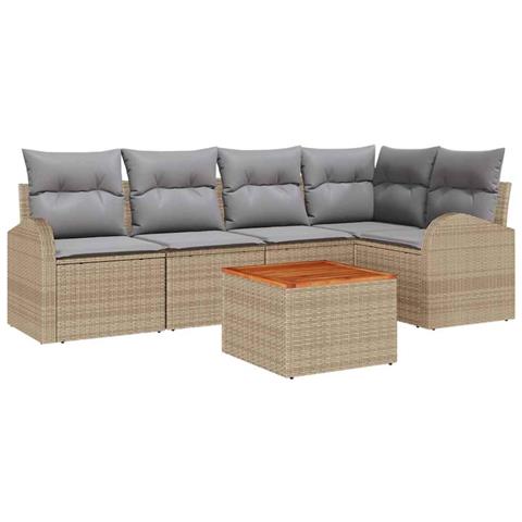 Set di Divano da Giardino 6 Pezzi con Cuscini Beige Polyrattan Acacia - Foto 1