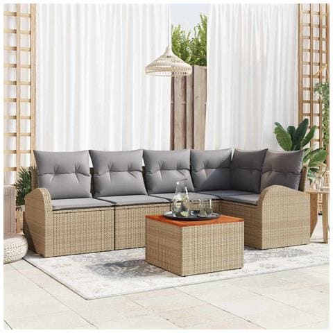 Set di Divano da Giardino 6 Pezzi con Cuscini Beige Polyrattan Acacia - Foto 2